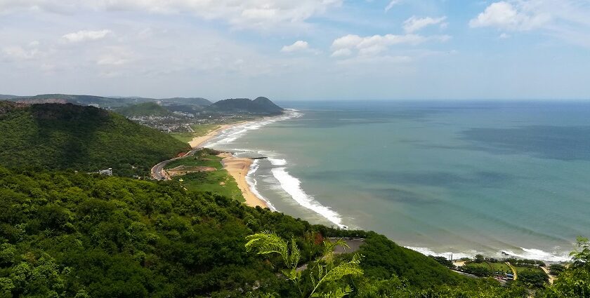 A view of the shimmering waters meeting the pristine golden sands in Andhra Pradesh.