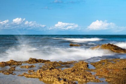 Panorama of the golden sands, distant hills, and crystal-clear waters at beaches in Karwar