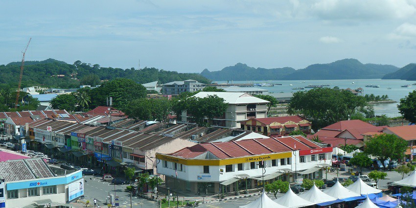 Kuah Town in Langkawi, a picturesque harbour view with colourful building structures.