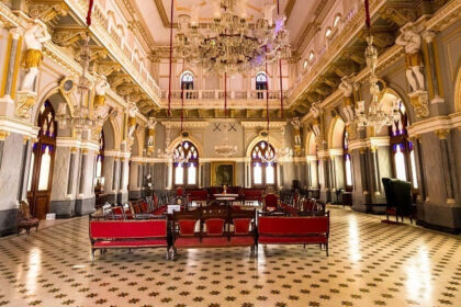 Durbar Hall of Prag Mahal, a grand palace in Bhuj with impressive architecture, showcasing the architectural beauty of Kutch.