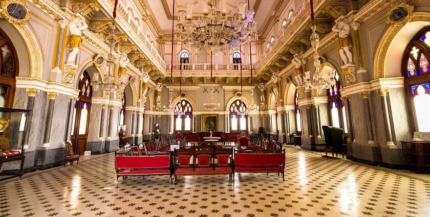 Durbar Hall of Prag Mahal, a grand palace in Bhuj with impressive architecture, showcasing the architectural beauty of Kutch.