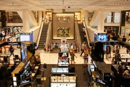 A breathtaking inside view of a shopping complex with a variety of makeup on display.