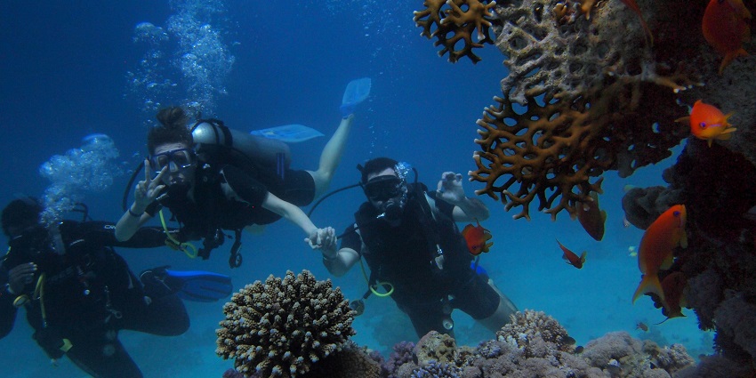 Three scuba divers descending into the depths of a clear blue sea, ready to explore the underwater world.