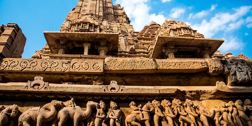 A close-up view of the intricate Khajuraho monuments depicting various art forms and sculptures.