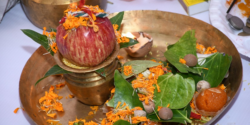 Image of people celebrate the navratri festival and pooja thali decorated
