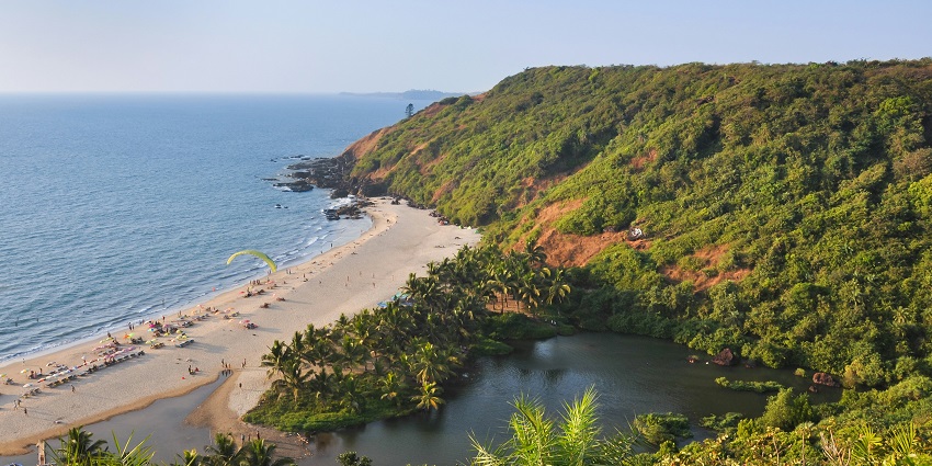 Scenic view of the sea and Sweet Lake at Arambol beach, Goa, India