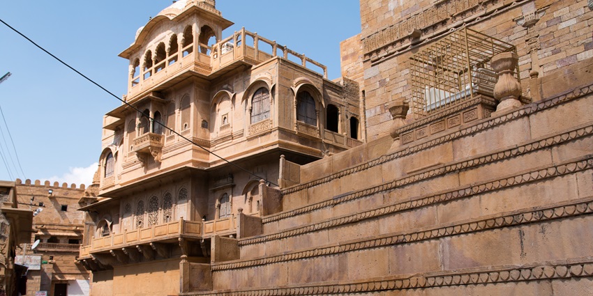 Terraced platform with a white marble throne of Jaisalmer Fort Palace Museum, Rajasthan.