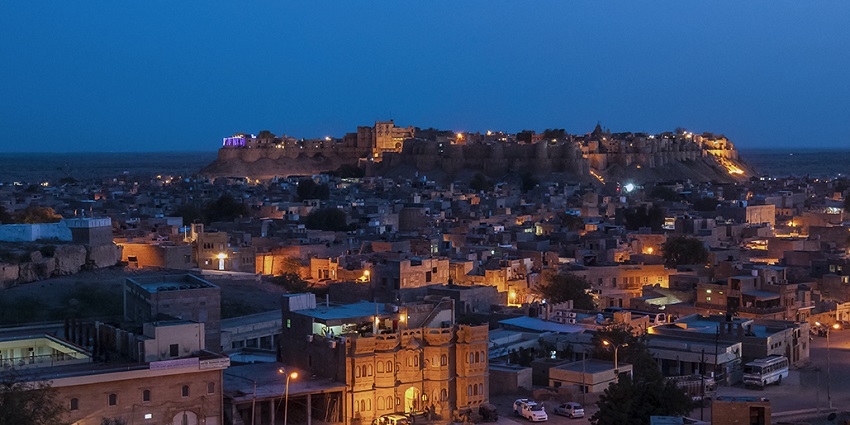 Panoramic view of the Jaisalmer in the evening from the hilltop with visible fort view