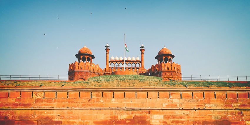 A picture of Delhi's most famous Red Fort from the front taken on a chilly winter morning