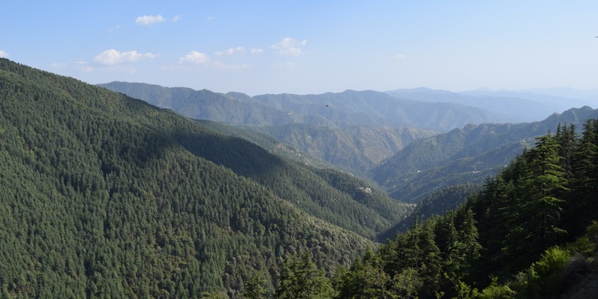 Scenic view of hills, forests, and mountainous terrain that can be seen from airports in Himachal.
