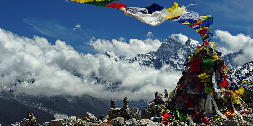 An aerial view of Sagarmatha National Park with Tibetan prayer flags