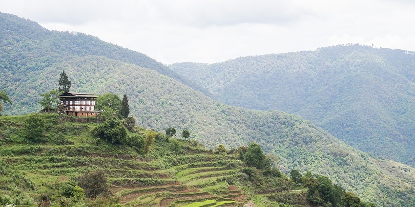A stunning landscape of Bhutan, featuring rolling hills and a river near Kharbandi Monastery, illustrating the natural beauty that surrounds the monastery.