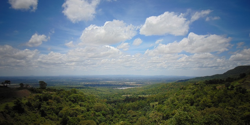 Panoramic view of the horizon from Amarkantak with rolling hills and misty sky.