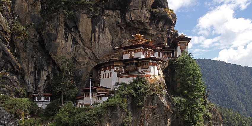 Taktsang Monastery perched dramatically on a cliff with exclusive views of the Himalayas.