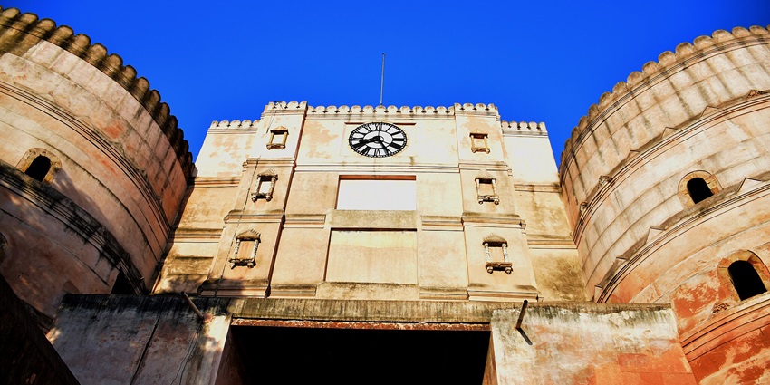 Lower angle view of the front gate of Bhadra Fort in Ahmedabad with its historical walls