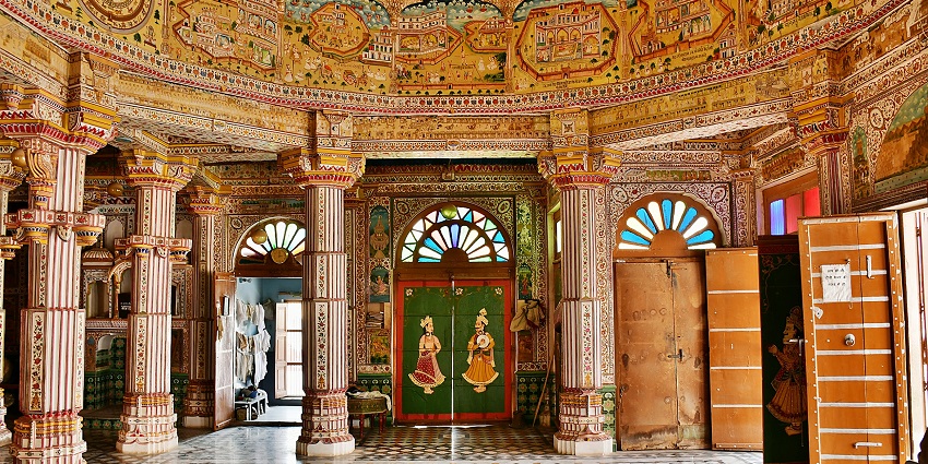 The inside view of the Bhandasar Jain Temple, showcasing intricate architecture.