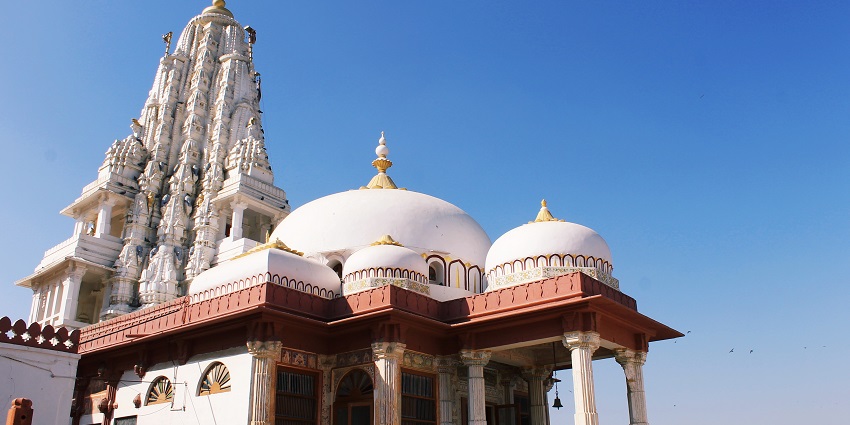 The intricate exterior of Bhandasar Jain Temple, located near Gajner Wildlife Sanctuary.