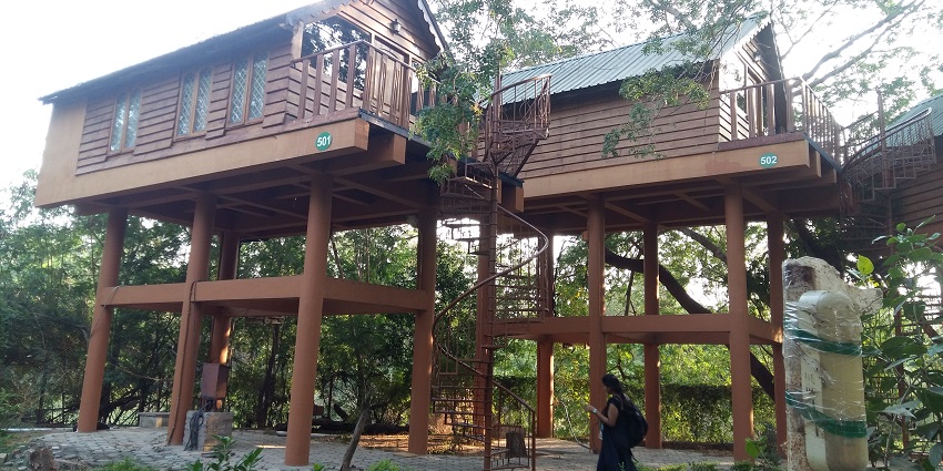 A picture of tree-house-like wooden cottages made at the beach for people to relax