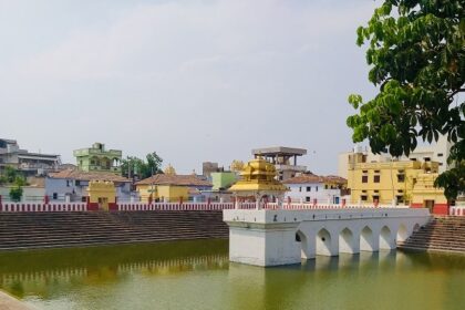 Panaromic view of the Scared Lakshmi Narasimha temple and the holy pond in its vicinity