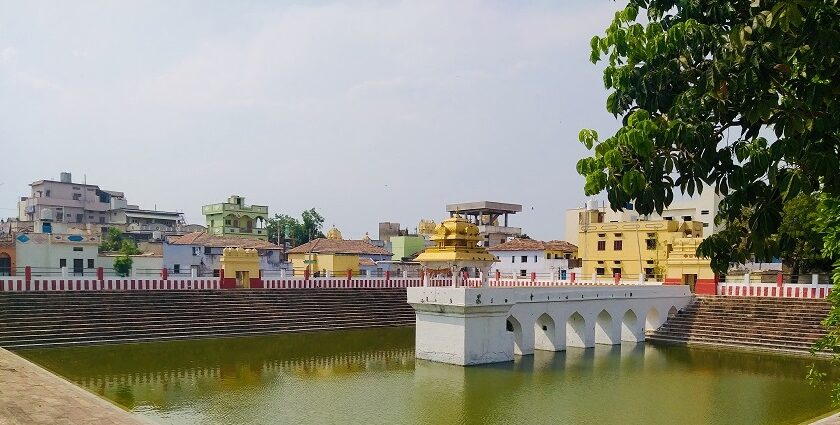 Panaromic view of the Scared Lakshmi Narasimha temple and the holy pond in its vicinity