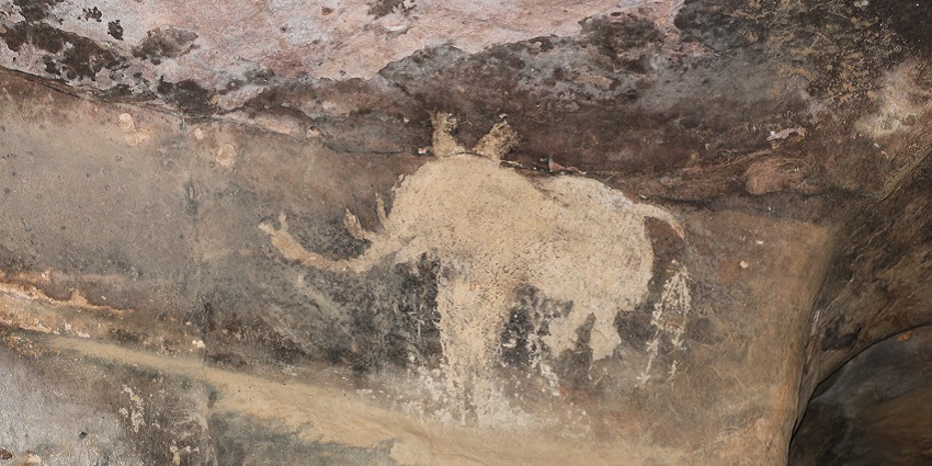 picture of one of the wall art made by the early humans representing a huge mammal engraved on the wall of Bhimbetka Rock Shelter.