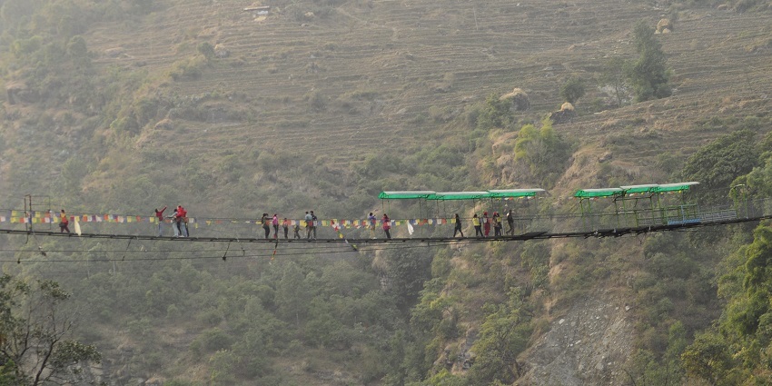 Bhote Koshi bridge with mountains, offering the highest bungee jumping in Kathmandu.