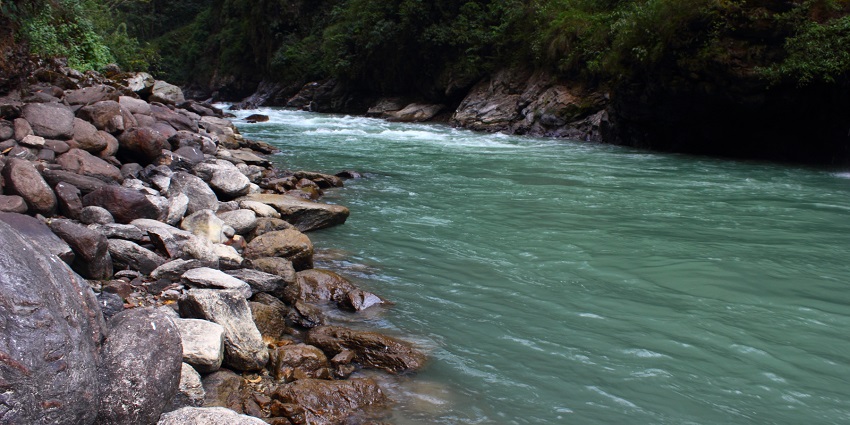 Bhote Koshi River, flowing through a deep, rugged gorge, surrounded with spectacular views.