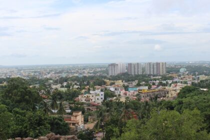 Panoramic image of the Bhubaneswar skyline which is surrounded by lush forest