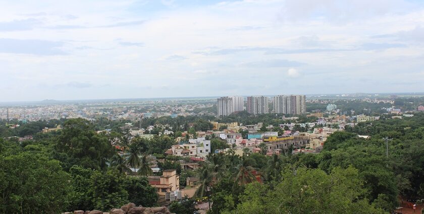 Panoramic image of the Bhubaneswar skyline which is surrounded by lush forest