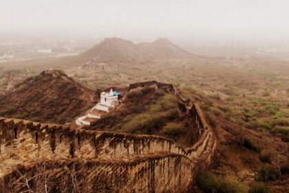 The image of the wall covering the serene Bhujia Fort located in Kutch, Gujarat, India.