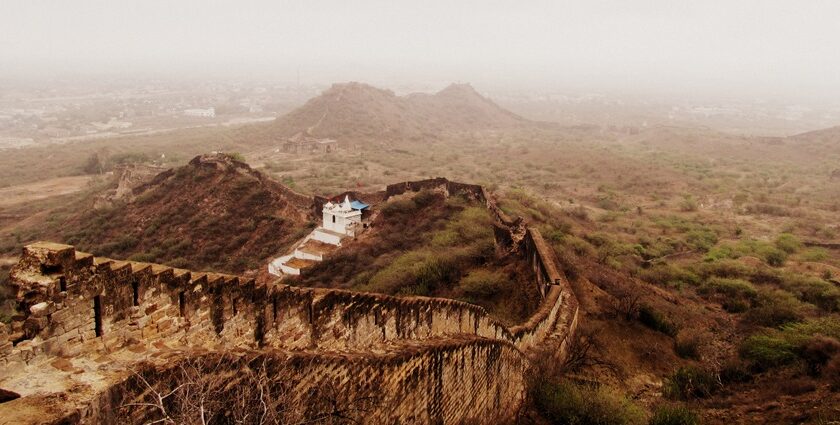 The image of the wall covering the serene Bhujia Fort located in Kutch, Gujarat, India.