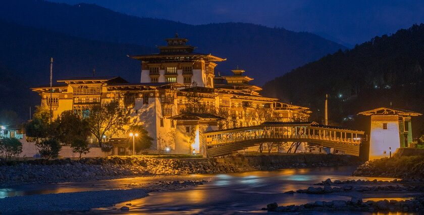 Dzong in Punakha illuminated at night, showcasing the serene Bhutan nightlife.