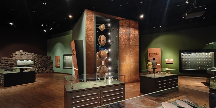 Artefacts in galleries displayed in glass cases at another site near the Patna Museum.