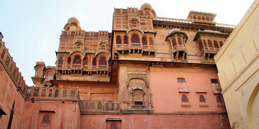 Detailed view of Junagarh Fort in Bikaner, showcasing its grand architectural design
