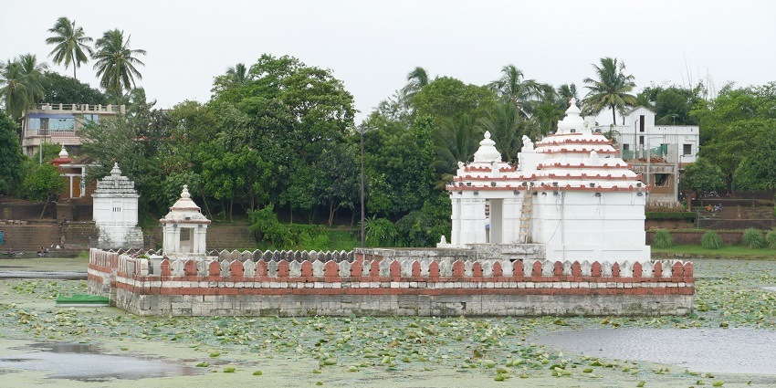 Panoramic view of the beautiful Bindu Sagar Lake which is surrounded by the lush green trees
