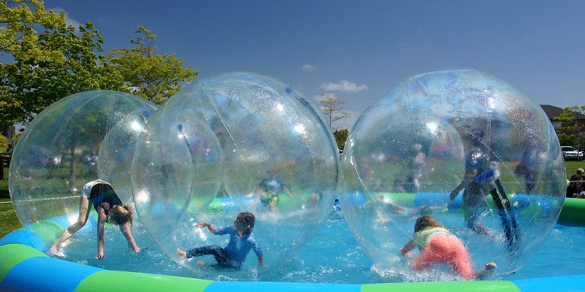 Children inside transparent zorb balls rolling across a water surface at a park.