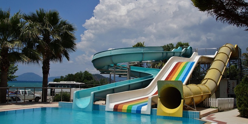 The vibrant blue-themed attractions at Blue Water Park, one of the must-visit water parks in Alwar.