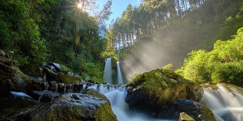 A picture of a scenic waterfall cascading down a rocky hill, surrounded by greenery
