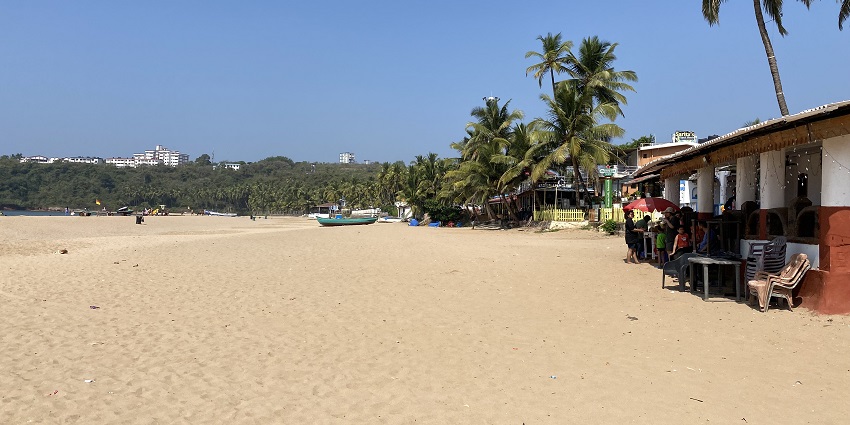 Panoramic image of the Bogmalo Beach amdist the scenic arabian Ocean in Goa