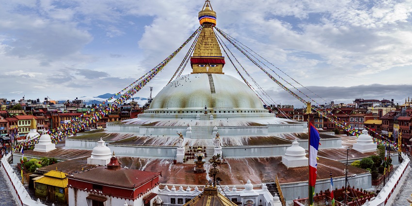 Boudhanath Stupa, a massive mandala with central stupa and surrounding monasteries.