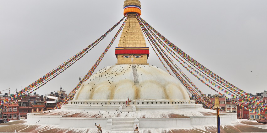 One of the best places to visit near Kathmandu, Boudhanath Stupa, is known for its massive mandala and the all-seeing eyes of Buddha.