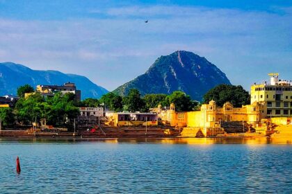 Brahma Temple in Pushkar, surrounded by scenic landscapes and other historic temples.