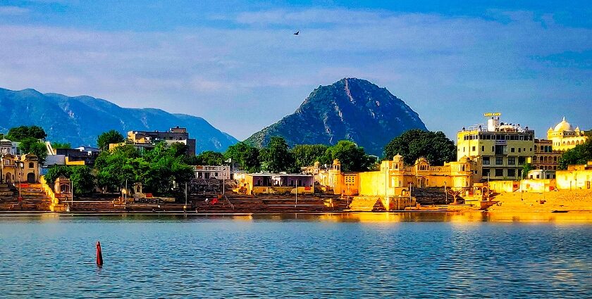 Brahma Temple in Pushkar, surrounded by scenic landscapes and other historic temples.