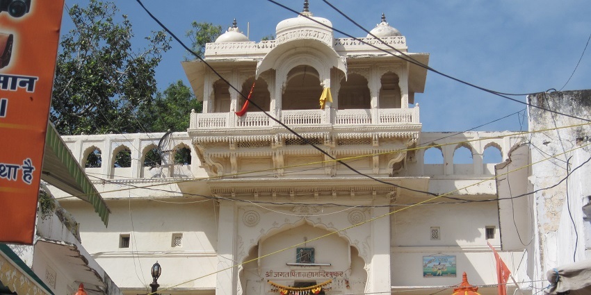 The magnificent Brahma Temple in Pushkar, showcasing its unique architecture and intricate carvings.