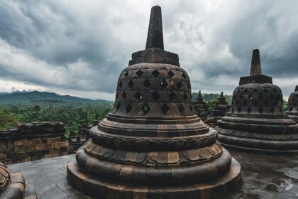 An image of a life-size bell that is used for representation of a temple premises.