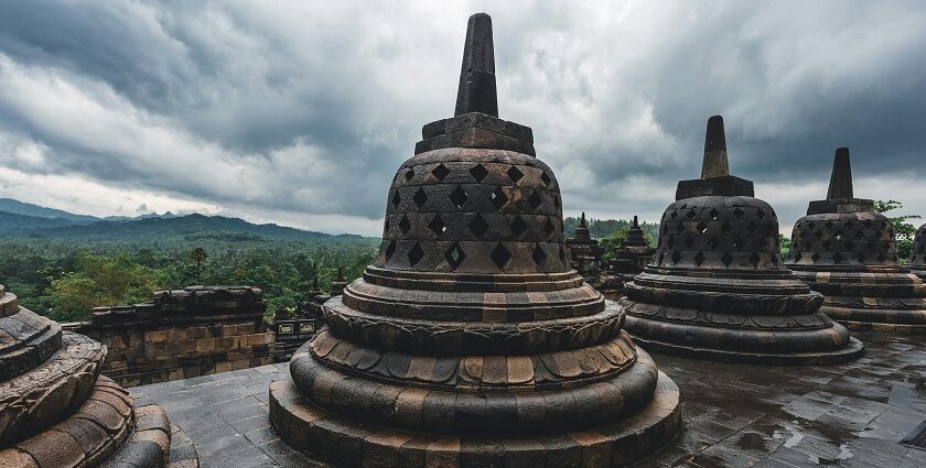 An image of a life-size bell that is used for representation of a temple premises.