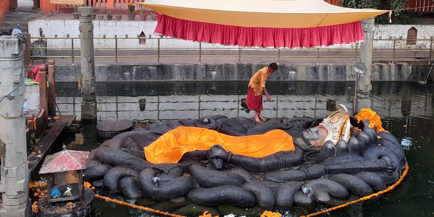 The reclining Vishnu statue of Budhanilkantha, popular amongst Kathmandu temples in Nepal.