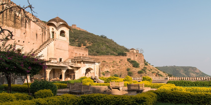 The tranquil Zenana Garden in Garh Palace, a major tourist attraction in Bundi for all.