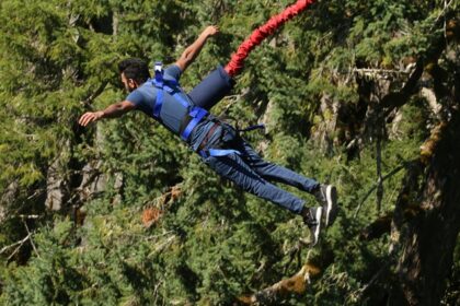 A breathtaking view of a person enjoying an adventurous activity surrounded by greenery.