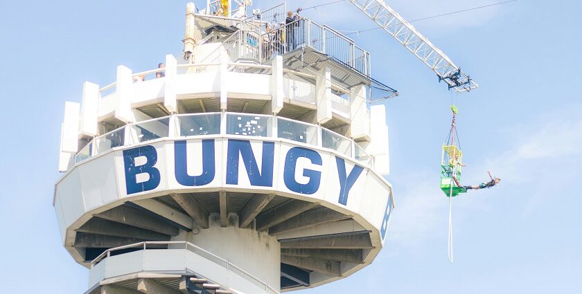 A person experiencing the thrill of bungee jumping in Kathmandu from a high elevation.